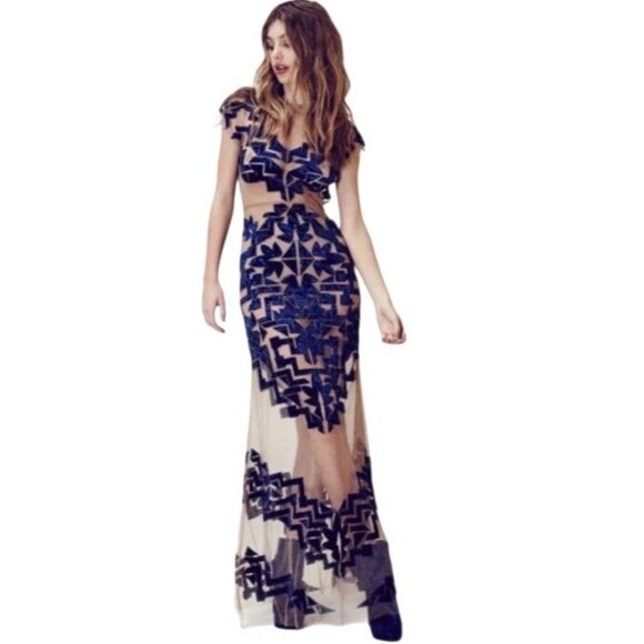 For Love & Lemons Vienna Maxi Dress Womens M Navy Velvet Burnout  Sheer Fairy - Picture 1 of 9
